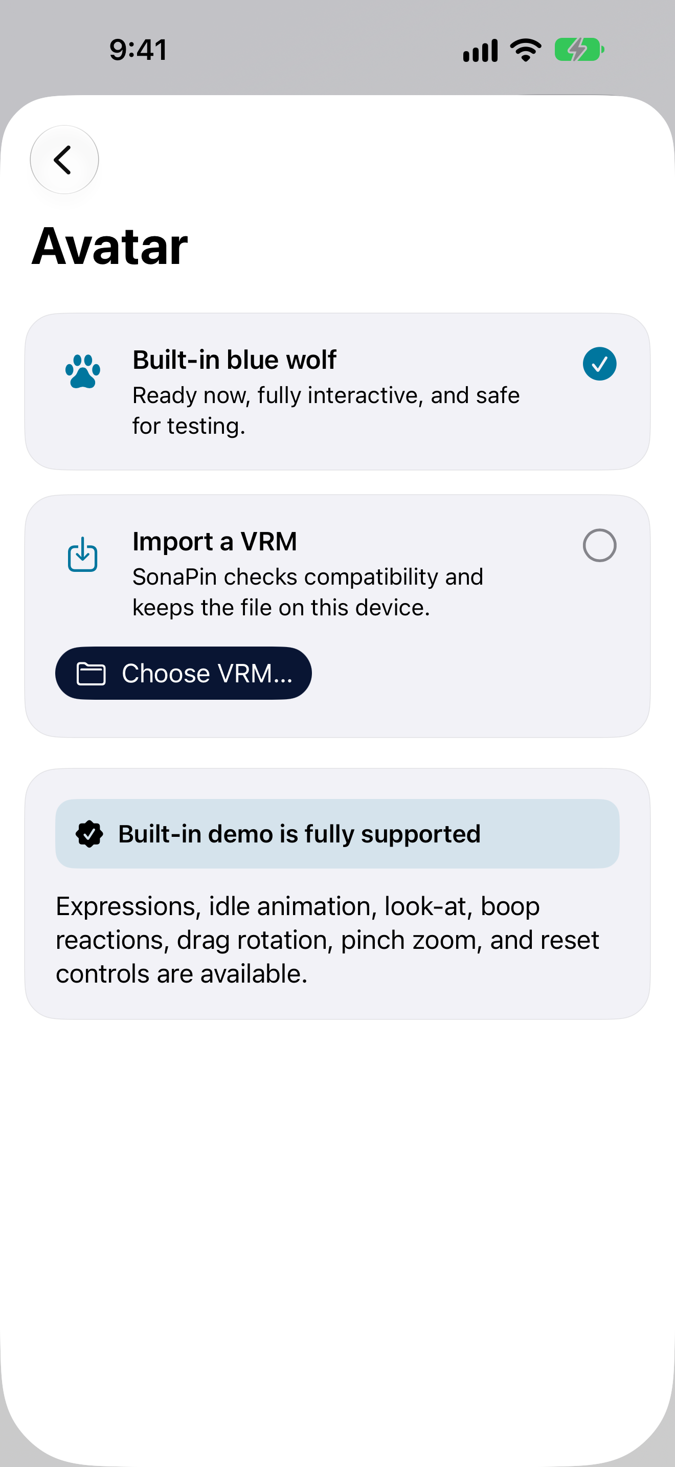 SonaPin avatar screen with the built-in blue wolf selected and the option to import a compatible VRM.