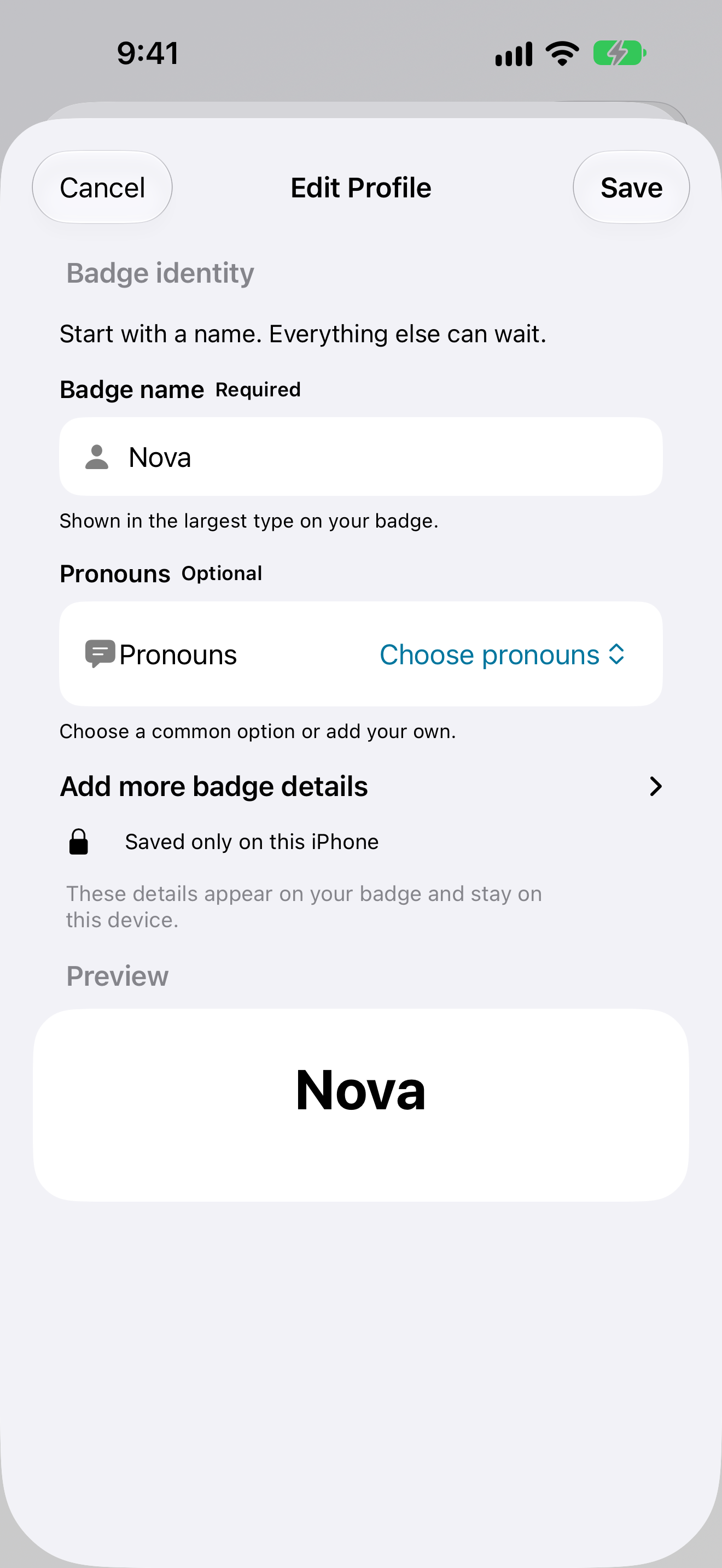 SonaPin profile editor with the badge name Nova and optional profile details.